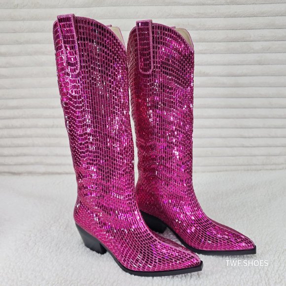 Mirage Fuchsia Pink Rhinestone Pull On Western Cowgirl Knee Boots - Picture 3 of 17